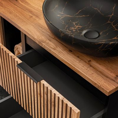 Ensemble meuble double vasque 140cm 2 niches miroirs LED et colonne Gaia Bois et Noir - Vasque Noir