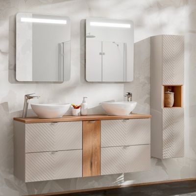 Ensemble meuble double vasque 140cm 4 tiroirs 1 porte et colonne Manoa Cachemire et bois
