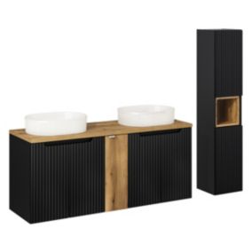 Ensemble meuble double vasque 140cm 5 portes et colonne Riva Noir et Bois