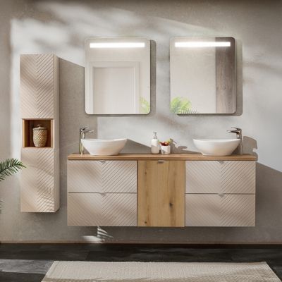 Ensemble meuble double vasque 160cm 4 tiroirs panier à linge miroirs LED et colonne Manoa Cachemire et Bois