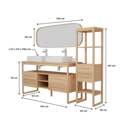Ensemble meuble double vasque ATOLL 140 cm + Vasques + Robinets + Miroir + Colonne