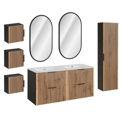 Ensemble meuble double vasque encastrée 120cm miroirs LED colonne et 3 armoires murales Gaia Bois et Noir