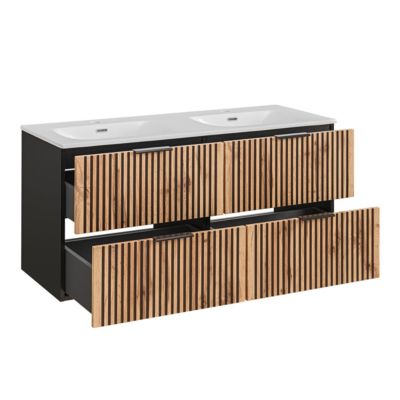 Ensemble meuble double vasque encastrée 120cm miroirs LED colonne et 3 armoires murales Gaia Bois et Noir