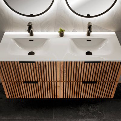 Ensemble meuble double vasque encastrée 120cm miroirs LED colonne et 3 armoires murales Gaia Bois et Noir