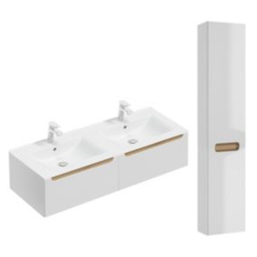 Ensemble meuble double vasque encastree 120cm 2 tiroirs et colonne Livia Blanc et Bois