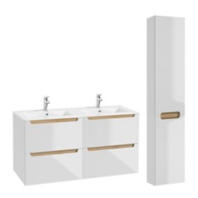 Ensemble meuble double vasque encastree 120cm 4 tiroirs et colonne Livia Blanc et Bois