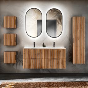 Ensemble meuble double vasque encastree 120cm colonne et 3 armoires murales Gaia Bois et Noir