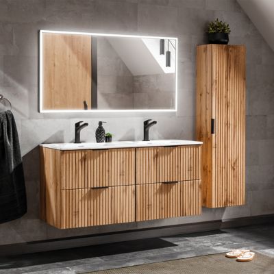 Ensemble meuble double vasque encastree 120cm et colonne Adriel Bois