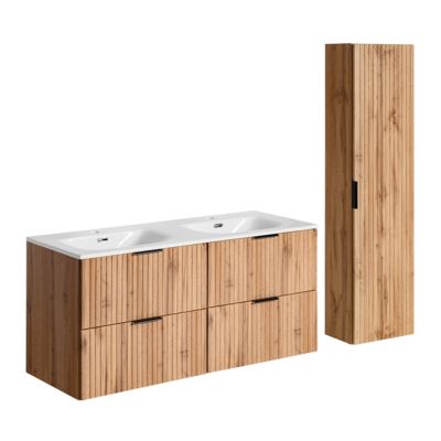 Ensemble meuble double vasque encastree 120cm et colonne Adriel Bois