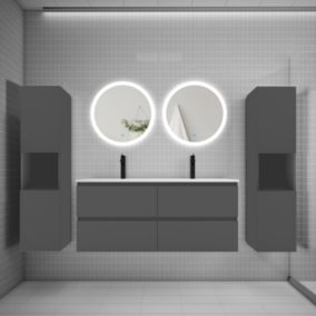 Ensemble meuble double vasque L.120cm 4 tiroirs + lavabo + 2 LED miroirs rond 60cm + 2 colonne,anthracite B