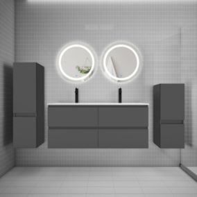 Ensemble meuble double vasque L.120cm 4 tiroirs + lavabo + 2 LED miroirs rond 60cm + 2 colonne,anthracite design