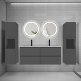 Ensemble meuble double vasque L.120cm 4 tiroirs + lavabo + 2 LED miroirs rond 60cm + 2 colonne,anthracite.easy