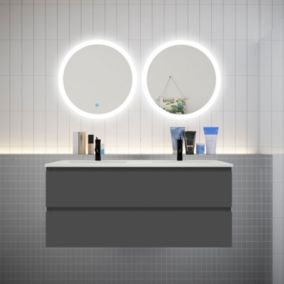 Ensemble meuble double vasque L.120cm 4 tiroirs + lavabo + 2 LED miroirs rond 60cm,anthracite,design