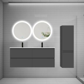 Ensemble meuble double vasque L.120cm 4 tiroirs + lavabo + 2 LED miroirs rond 60cm + colonne B,anthracite.easy