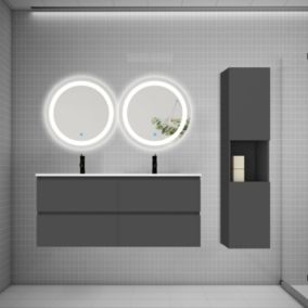 Ensemble meuble double vasque L.120cm 4 tiroirs + lavabo + 2 LED miroirs rond 60cm + colonne B,anthracite,easy