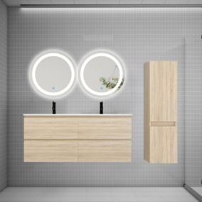 Ensemble meuble double vasque L.120cm 4 tiroirs + lavabo + 2 LED miroirs rond 60cm + colonne C,chêne,easy