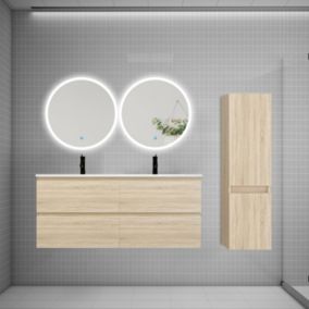 Ensemble meuble double vasque L.120cm 4 tiroirs + lavabo + 2 LED miroirs rond 60cm + colonne C,chêne