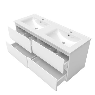 Ensemble meuble double vasque L.120cm 4 tiroirs + lavabo + LED miroir + colonne,blanc