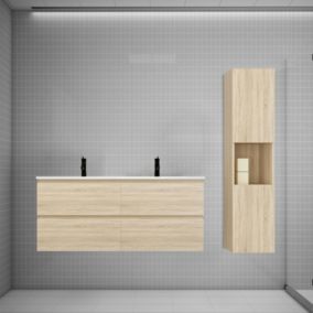 Ensemble meuble double vasque L.120cm chêne 4 tiroirs + lavabo + colonne