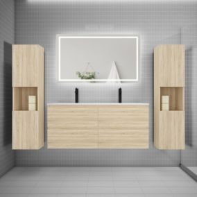 Ensemble meuble double vasque L.120cm + lavabo + LED miroir + 2 colonne,chêne C