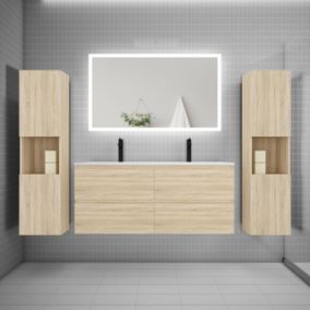 Ensemble meuble double vasque L.120cm + lavabo + LED miroir + 2 colonne,chêne.easy