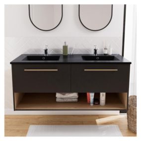 Ensemble meuble double vasque noir + 2 robinets NIKA