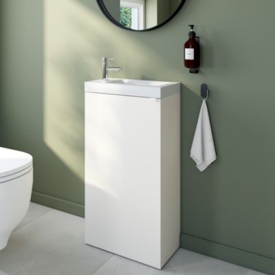 Ensemble meuble lave-mains à poser Imandra blanc mat l.44 cm + plan vasque lave-mains blanc en céramique Nira