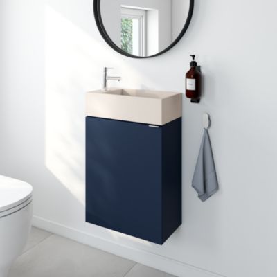 Ensemble meuble lave-mains à poser Imandra bleu nuit mat l.44 cm + plan vasque lave-mains béton moucheté