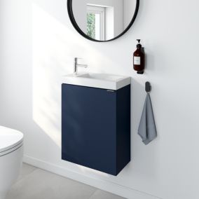 Ensemble meuble lave-mains à poser Imandra bleu nuit mat l.44 cm + plan vasque lave-mains blanc en céramique Nira