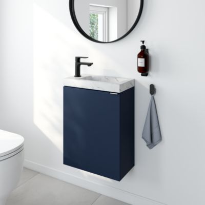 Ensemble meuble lave-mains à poser Imandra bleu nuit mat l.44 cm + plan vasque lave-mains effet marbre blanc