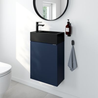 Ensemble meuble lave-mains à poser Imandra bleu nuit mat l.44 cm + plan vasque lave-mains noir en céramique Nira