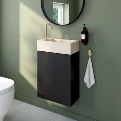 Ensemble meuble lave-mains à suspendre Imandra noir mat l.44 cm + plan vasque lave-mains béton beige moucheté