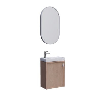 Ensemble meuble lave-mains décor chêne FRAME + robinet + miroir