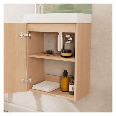 Ensemble meuble lave-mains décor chêne FRAME + robinet + miroir