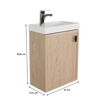 Ensemble meuble lave-mains décor chêne FRAME + robinet + miroir