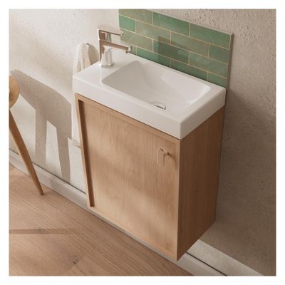 Ensemble meuble lave-mains décor chêne FRAME + robinet + miroir