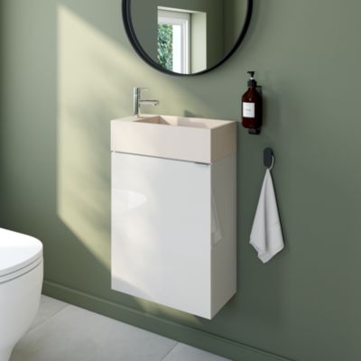 Ensemble meuble lave-mains Imandra blanc brillant l.44 cm + plan vasque lave-mains béton moucheté