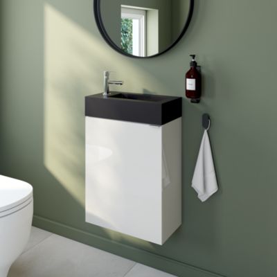 Ensemble meuble lave-mains Imandra blanc brillant l.44 cm + plan vasque lave-mains noir en résine Beni