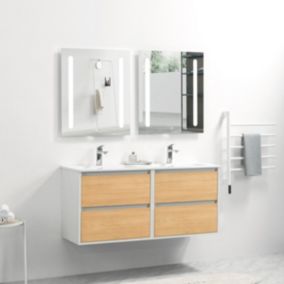 Ensemble Meuble prémonté 120 blanc effet bois-Vasque céramique-Miroirs ELY - bain-bain