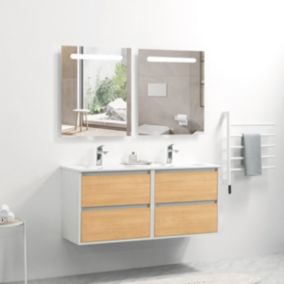 Ensemble Meuble prémonté 120 blanc effet bois-Vasque céramique-Miroirs RIMA - bain-bain