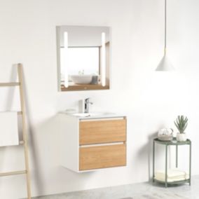 Ensemble Meuble prémonté 60 blanc effet bois-Vasque céramique-Miroir ELY - bain-bain