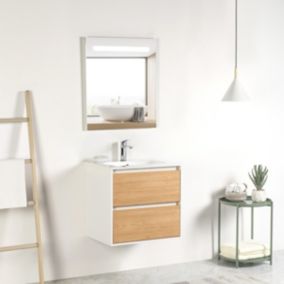 Ensemble Meuble prémonté 60 blanc effet bois-Vasque céramique-Miroir RIMA - bain-bain