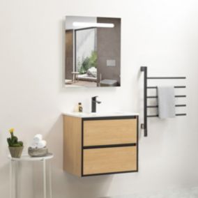 Ensemble Meuble prémonté 60 bois détail noir-Vasque céramique-Miroir RIMA - bain-bain