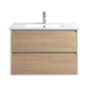 Ensemble Meuble prémonté 80 blanc effet bois-Vasque céramique-Miroir RIMA - bain-bain