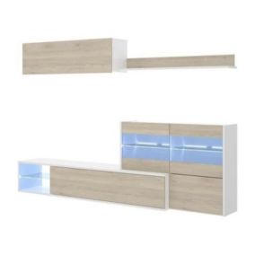 Ensemble meuble séjour avec vitrine LED - Décor chêne et blanc - 260 x 41 x Hauteur 180 cm