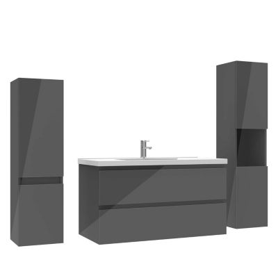 Ensemble meuble salle de bain 100 cm anthracite brillant avec 2 tiroirs, lavabo céramique simple + deux colonnes, suspendu
