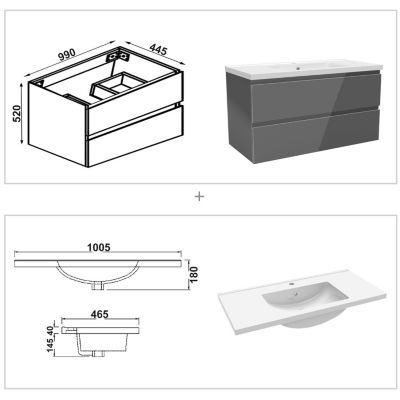 Ensemble meuble salle de bain 100 cm anthracite brillant avec 2 tiroirs, lavabo céramique simple + deux colonnes, suspendu