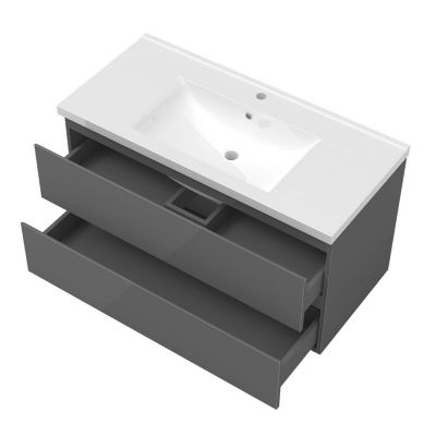 Ensemble meuble salle de bain 100 cm anthracite brillant avec 2 tiroirs, lavabo céramique simple + deux colonnes, suspendu