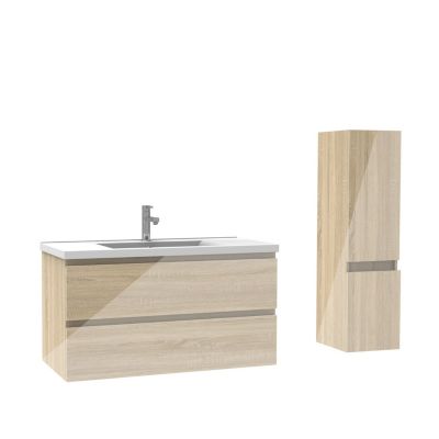 Ensemble meuble salle de bain 100 cm Chêne Wotan brillant avec 2 tiroirs, lavabo céramique simple + colonne, suspendu