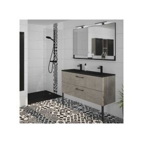 Ensemble meuble salle de bain 120 cm Béton + double vasque + miroir - THOLEY